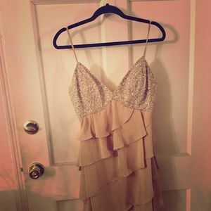 Jovani Beige & Silver Beaded Tier Dress Size 10